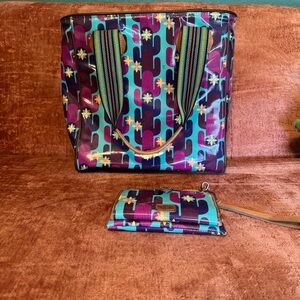 Rare! Consuela Purple and Blue cactus Tote and Wallet Set